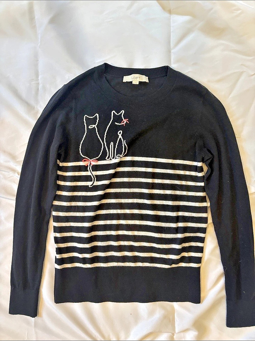 LOFT Cat Embroidered Striped Sweater Black & White